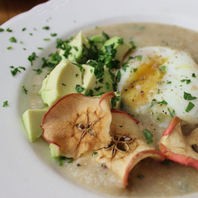 Cauliflower and apple soup with avo & eggs